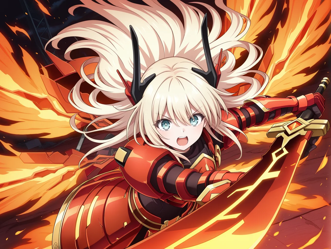 tv style,sky striker ace - raye,red power armor,mecha musume,official alternate costume,1girl,fiery wings,pointing melee weapon,open mouth,solo,fire,looking at viewer,holding red huge sword,red huge sword,red theme,floating hair,black bodysuit,red headgear,red sword wings,red armored gloves,red breastplate,
masterpiece,best quality,amazing quality,very aesthetic,absurdres,newest,<lora:Sky striker ace - kagari illusXL v1:0.7>,