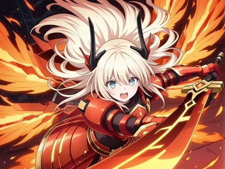 tv style,sky striker ace - raye,red power armor,mecha musume,official alternate costume,1girl,fiery wings,pointing melee weapon,open mouth,solo,fire,looking at viewer,holding red huge sword,red huge sword,red theme,floating hair,black bodysuit,red headgear,red sword wings,red armored gloves,red breastplate,
masterpiece,best quality,amazing quality,very aesthetic,absurdres,newest,<lora:Sky striker ace - kagari illusXL v1:0.7>,