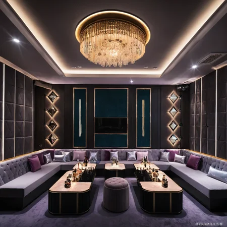 <lora:JJsKaraokeRoom_XL:1>,((Karaoke Room)), ((dramatic lighting)), Masterpiece, high quality, best quality, authentic, super detail ,  high quality, ceiling light,no humans, . night,  highly detailed, screen, sofa, table,