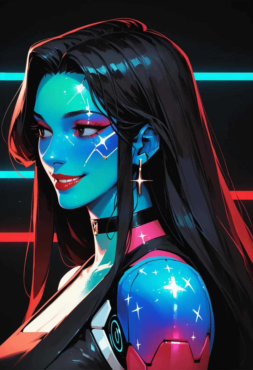 score_9, score_8_up, score_7_up, score_6_up, score_5_up, score_4_up,
<lora:CyberDollsV3.1:1> cyb3rd0lls, android, colorful skin,
, 1girl, solo, long hair, smile, simple background, black hair, upper body, choker, black eyes, looking to the side, sparkle, black choker, red lips