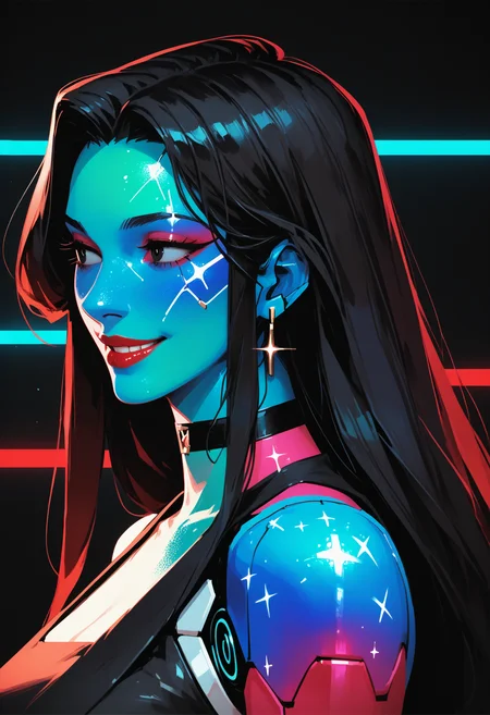 score_9, score_8_up, score_7_up, score_6_up, score_5_up, score_4_up,
<lora:CyberDollsV3.1:1> cyb3rd0lls, android, colorful skin,
, 1girl, solo, long hair, smile, simple background, black hair, upper body, choker, black eyes, looking to the side, sparkle, black choker, red lips