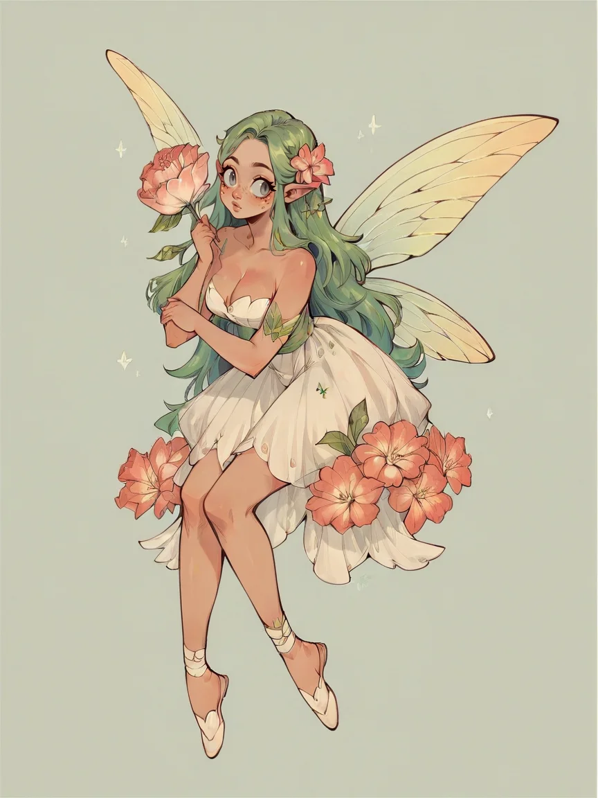 score_9, score_8_up, score_7_up, score_6_up, score_5_up, score_4_up, <lora:s0ftf41ryXLP:0.7> s0ftf41ry, 1girl, large flower, fairy, curvy, green hair