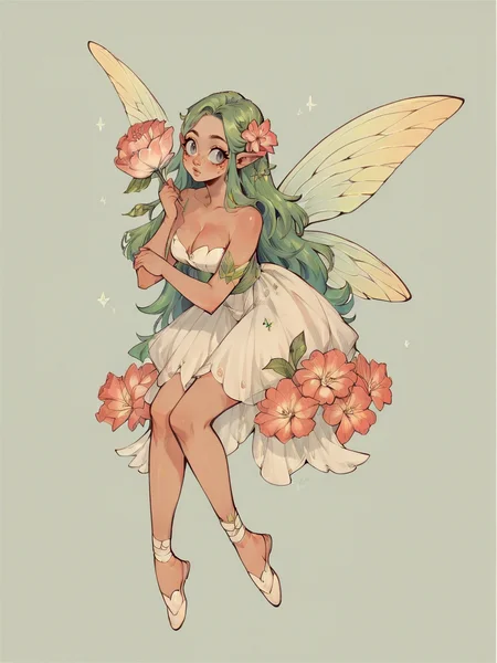 score_9, score_8_up, score_7_up, score_6_up, score_5_up, score_4_up, <lora:s0ftf41ryXLP:0.7> s0ftf41ry, 1girl, large flower, fairy, curvy, green hair
