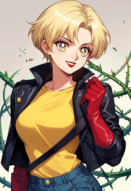 (masterpiece), best quality, a 40-year-old woman with short blonde hair red lipstick and yellow eyes, she wears a cream yellow shirt with a black leather jacket with thorns jean pants and leather gloves, smiling, score_9, score_8_up, score_7_up, source_anime, score_9, score_8_up, score_7_up, sm90s