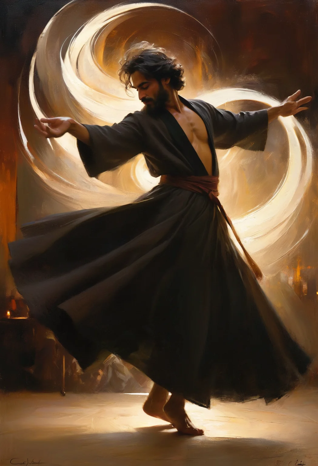 Impressionistic realism, a sufi dervish dancing himself into the state of fanaa, mystical union, dynamic play of light, amazing lighting, swirling lines, rough brushwork, impasto, 8k, masterpiece, award winning art, art by Casey Baugh, perfect hands AND fingers