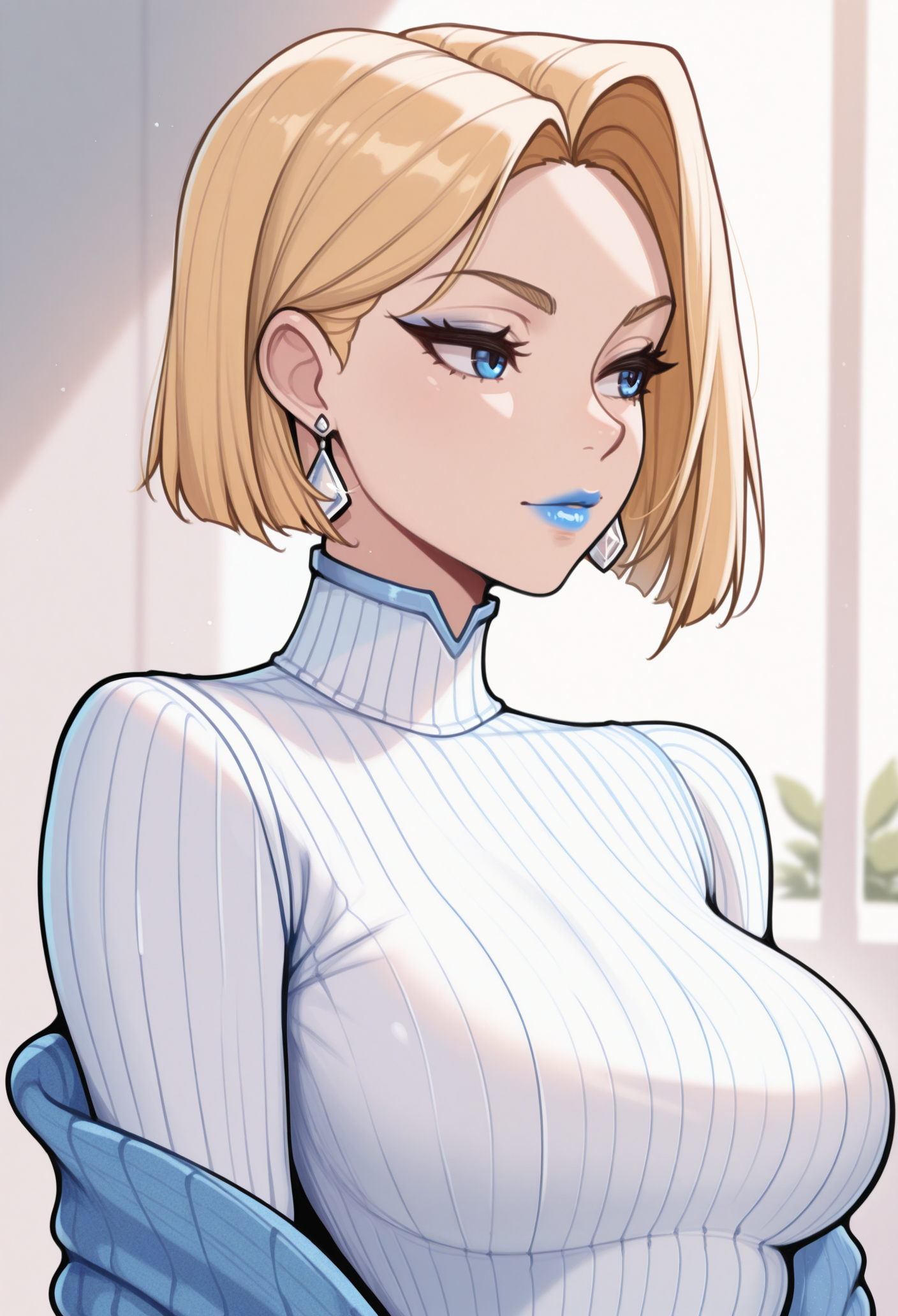 1girl, solo, sweater, looking to the side,
blonde hair, short hair, blue eyes, blue lips, earrings, 
masterpiece, best quality, <lora:emmafrostMR-guy90-Illust-LoraV201:1>, tsinne