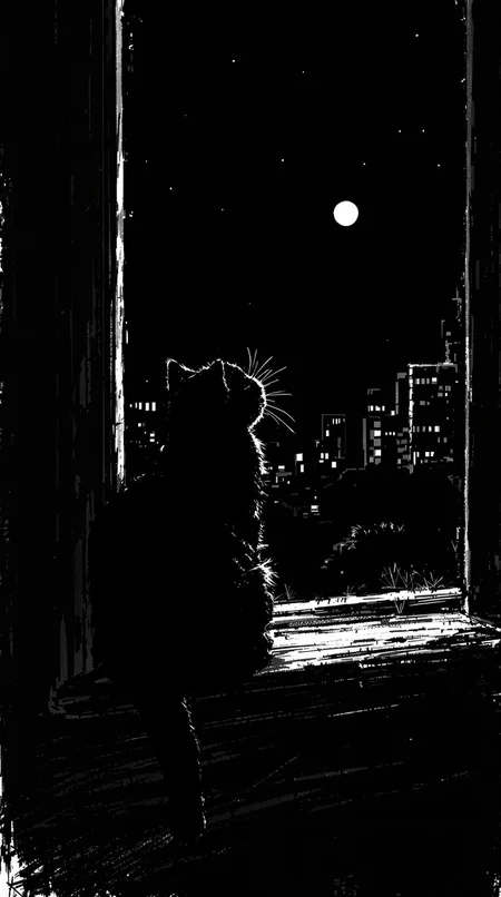 a black and white sketch of a black cat crouches on a windowsill at night, staring out into the dark with its tail curling slightly upward