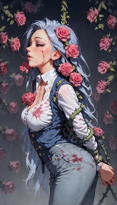 (score_9, score_8_up:1.1), score_7_up,  1girl, solo, blood, blood on clothes, flower, rose, long sleeves, pants, roses, shirt, thorns, vest, white shirt, (thorns around body:1.2), side view, restrained, vines, (vines around chest) (thorns around leg), (thorns around arms), entangled, (suspension:1.2), calm, close eyes, half body, background full of thorns and roses,   <lora:Expressive_H-000001> expressiveh <lora:Concept Art Twilight Style SDXL_LoRA_Pony Diffusion V6 XL:0.8> <lora:princess_xl_v2:0.7> <lora:sinfully_stylish_SDXL>