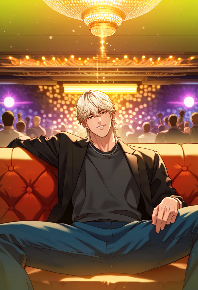 1boy, male focus, solo,
<lora:Character - Questism - JaehaHanPony-40:1> jaehahan, blonde hair, brown eyes, necklace, stud earrings,
,((zPDXL)), score_9_up, score_8_up, score_7_up, score_6_up, score_5_up, score_4_up, best quality, amazing quality, best aesthetic, amazing aesthetic, absurdres, year2023, uncensored, very nsfw, official art, official style, depth of field, detailed eye,
night, indoors, black shirt, jacket, ruins, smirk, couch, on couch, hands behind couch, nightclub, crowd, pants, (Nightclub:1.3), seductive smile, disco ball, 
<lora:Style - Expressive_H-000001:1> expressiveh