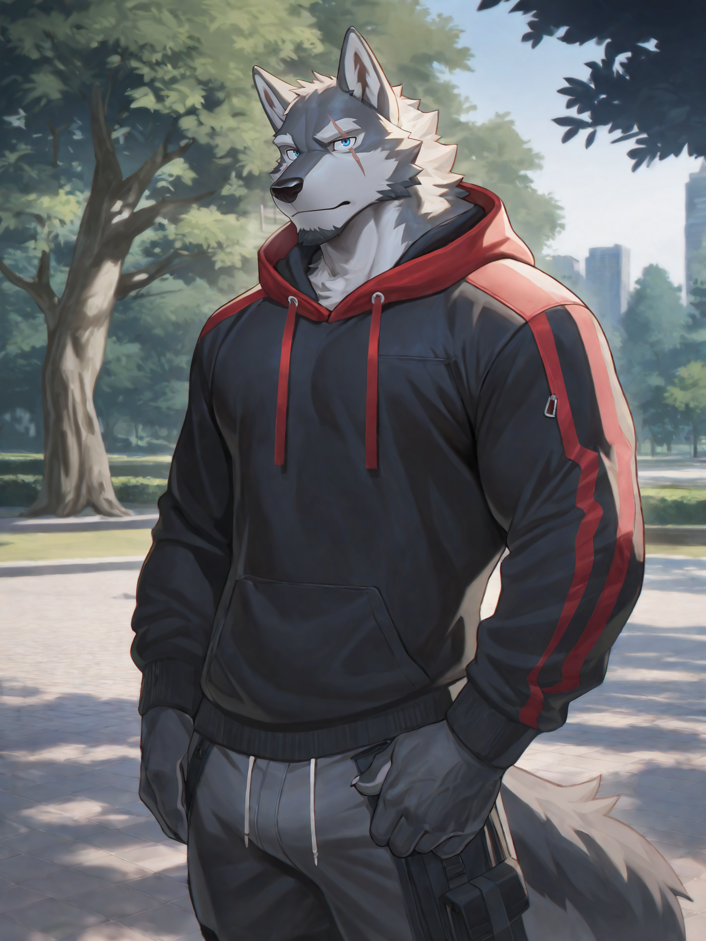 furry male, male focus, bara, mature male,
canid,canids,wolf,anthro,solo,looking at viewer,stand,anime style,outdoors,park,standing,beautiful blue eyes, furry, Wolf, grey fur, grey body, scar on eye,Black Hoodie, Red Hood, TechWear Clothing,solo,
 BREAK masterpiece, best quality, amazing quality, very aesthetic,highres, absurdres,