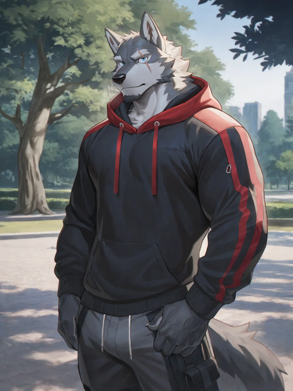 furry male, male focus, bara, mature male,
canid,canids,wolf,anthro,solo,looking at viewer,stand,anime style,outdoors,park,standing,beautiful blue eyes, furry, Wolf, grey fur, grey body, scar on eye,Black Hoodie, Red Hood, TechWear Clothing,solo,
BREAK masterpiece, best quality, amazing quality, very aesthetic,highres, absurdres,