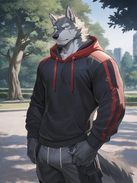 furry male, male focus, bara, mature male,
canid,canids,wolf,anthro,solo,looking at viewer,stand,anime style,outdoors,park,standing,beautiful blue eyes, furry, Wolf, grey fur, grey body, scar on eye,Black Hoodie, Red Hood, TechWear Clothing,solo,
BREAK masterpiece, best quality, amazing quality, very aesthetic,highres, absurdres,