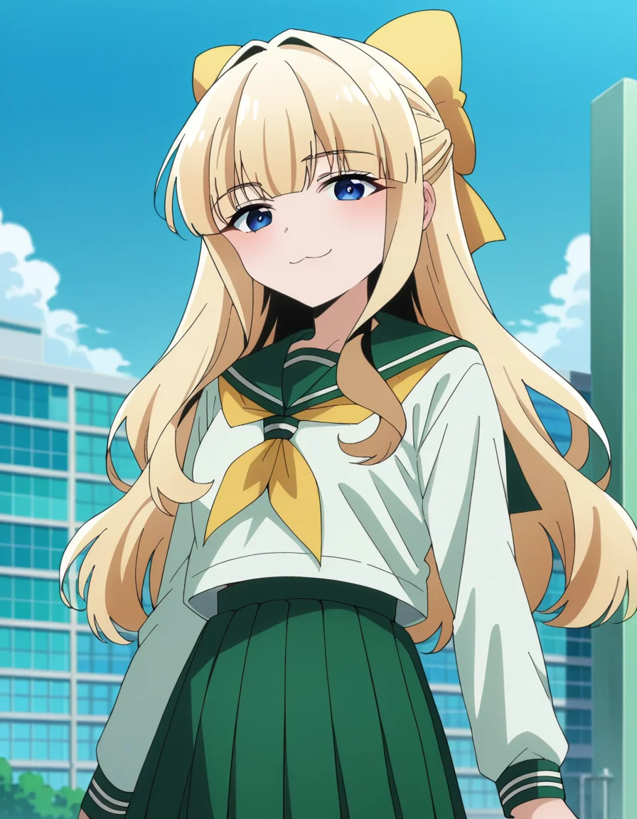 score_9, score_8_up, score_7_up, source_anime,
kaorukotenkawa, <lora:kaoruko-tenkawa-ponyxl-lora-nochekaiser:1>
kaoruko tenkawa, long hair, blue eyes, blonde hair, bow, hair bow, yellow bow,
skirt, shirt, long sleeves, school uniform, white shirt, pleated skirt, serafuku, sailor collar, neckerchief, green skirt, green sailor collar,
outdoors, cityscape, smile,
looking at viewer, dutch angle, cowboy shot