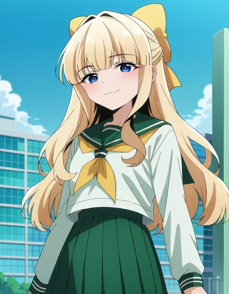 score_9, score_8_up, score_7_up, source_anime,
kaorukotenkawa, <lora:kaoruko-tenkawa-ponyxl-lora-nochekaiser:1>
kaoruko tenkawa, long hair, blue eyes, blonde hair, bow, hair bow, yellow bow,
skirt, shirt, long sleeves, school uniform, white shirt, pleated skirt, serafuku, sailor collar, neckerchief, green skirt, green sailor collar,
outdoors, cityscape, smile,
looking at viewer, dutch angle, cowboy shot