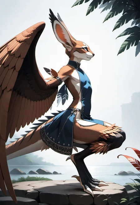 1person, Palagiri, long toes, nimble toes, handfeet, anthro, ((wing arms, large wings, no hands)), feline features, feline nose, large ears, thick tail, long tail, tapering tail, feather tipped tail, digitigrade legs,
Side profile,
Source: anime, score: 9, score: 8up,