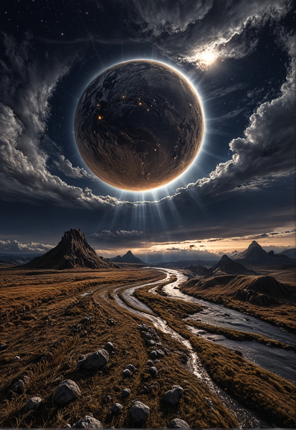 masterpiece, best quality, amazing quality
,outdoors, sky, cloud, water, no_humans, night, sunlight, cloudy_sky, star_\(sky\), night_sky, scenery, starry_sky, rock, light_rays, mountain, road, sunbeam, planet, river, waves, landscape, shore,A stunning digital illustration shoot from below about a dramatic landscape with a large, glowing planet and a river flowing through it, set against a dark, stormy sky. the image also shows dramatic lighting, dramatic clouds, and distant mountains in the distance. on the middle of the image, a rocky landscape appears to be barren, with a river running through it. the sky is filled with dark, ominous clouds and a bright, glowing moon is visible above the planet. the sun is shining brightly, casting rays of light across the landscape, creating a dramatic effect. the water is calm and reflects the light from the moon, adding to the dramatic atmosphere.
solo, sky, cloud, water, no humans, mountain, river, cloudy sky, meteor shower