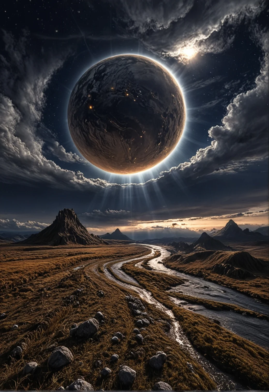masterpiece, best quality, amazing quality
,outdoors, sky, cloud, water, no_humans, night, sunlight, cloudy_sky, star_\(sky\), night_sky, scenery, starry_sky, rock, light_rays, mountain, road, sunbeam, planet, river, waves, landscape, shore,A stunning digital illustration shoot from below about a dramatic landscape with a large, glowing planet and a river flowing through it, set against a dark, stormy sky. the image also shows dramatic lighting, dramatic clouds, and distant mountains in the distance. on the middle of the image, a rocky landscape appears to be barren, with a river running through it. the sky is filled with dark, ominous clouds and a bright, glowing moon is visible above the planet. the sun is shining brightly, casting rays of light across the landscape, creating a dramatic effect. the water is calm and reflects the light from the moon, adding to the dramatic atmosphere.
solo, sky, cloud, water, no humans, mountain, river, cloudy sky, meteor shower