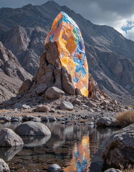 A photograph of extremely detailed, landscape of an unknown planet, (futuristic monolith:1.8), the monolith is (covered:1.1) with minerals and rare crystals of an alien type, The crystal has sharp, geometric facets in shades of deep orange and blue, amethyst, and emerald, with a subtle internal glow, futuristic landscape, lake, cloudy weather, unreal engine 5, perfect composition, vibrant, rtx, hbao, extremely detailed, maximum resolution, 8k, (perfect composition:1.2), superior color grading, (realistic:1.4), (panoramic composition:1.5), (night photography:1.5), complementary colors, foggy atmosphere.