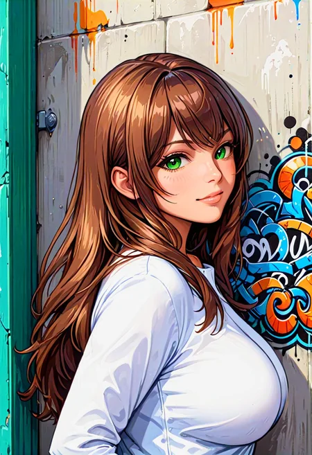 1girl,  (Latina model Izabel Martinez, sexy, healthy, long hair, brown hair, green eyes, tanned, mid parted hair, curvy, perfect big breasts, perfect big butt, thigs, standing, casual, hidden hands, white shirt, jeans, upper body, long sleeves, tile wall, against wall, graffiti, from side, seductive smile, long bangs.
High detailed grafitti wall backdoor.
masterpiece, best quality, photorealistic art,  <lora:add_detail:0.7> AnjelikaV2