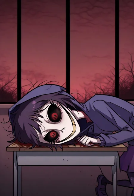 head lying down on desk, head down on desk, classroom, windows, red sky, dark red sky, cloudy, blood red sky, horror, scary, 
BREAK
1 girl, solo, short hair, purple hair, long eyelashes, purple hoodie, purple skirt, purple shoes, hood up, short black hair, messy hair, red eyes, small pupils, black sclera, bloody face, wide grin, wide smile, scary, evil smile,