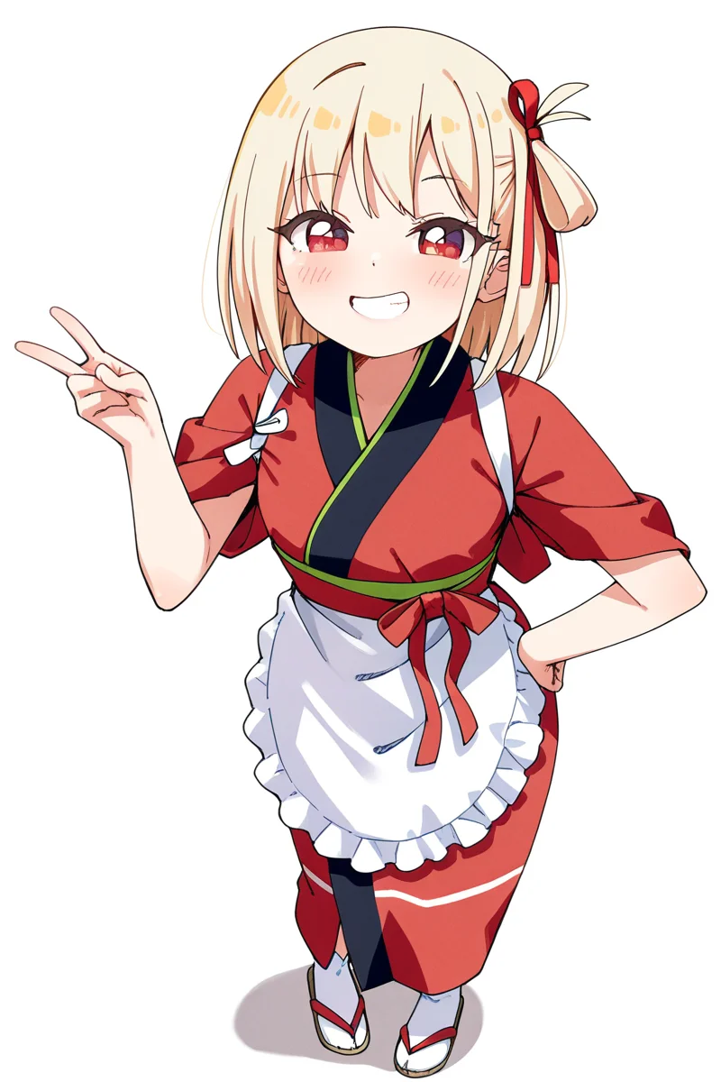 masterpiece, best quality, amazing quality,
<lora:Haru_IL:1> haru, 1girl, blonde hair, japanese clothes, solo, red kimono, smile, red eyes, kimono, hair ribbon, ribbon, v, short hair, bangs, red ribbon, looking at viewer, white background, tasuki, grin, simple background, apron, blush, one side up, hand on hip, tabi, sandals, chisato
