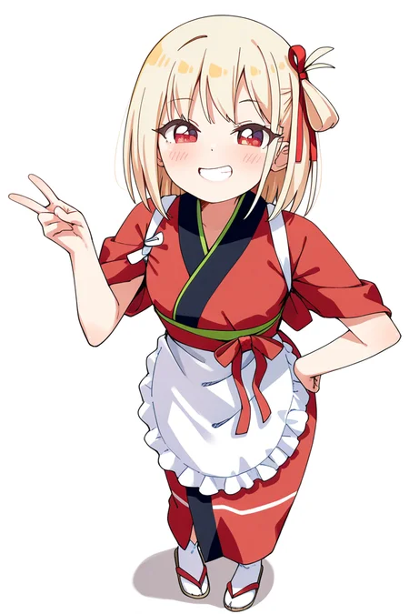 masterpiece, best quality, amazing quality,
<lora:Haru_IL:1> haru, 1girl, blonde hair, japanese clothes, solo, red kimono, smile, red eyes, kimono, hair ribbon, ribbon, v, short hair, bangs, red ribbon, looking at viewer, white background, tasuki, grin, simple background, apron, blush, one side up, hand on hip, tabi, sandals, chisato