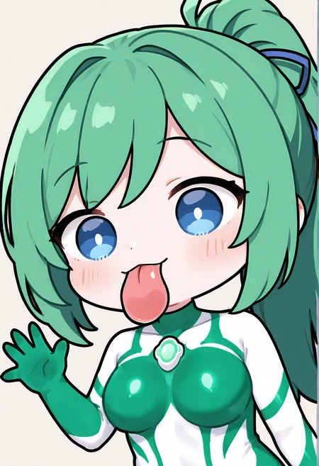 <lora:ultragirl_jue_ill_v1.0:1>,jue,green hair,ponytail,long hair,blue eyes,bodysuit,green chest jewel,white chest jewel,multicolored bodysuit,green body markings,impossible bodysuit,
1girl,solo,
<lora:licking pose_noob11-xl-e3:1>,licking pose,chibi,tongue,waving,upper body,
BREAK, textless version,