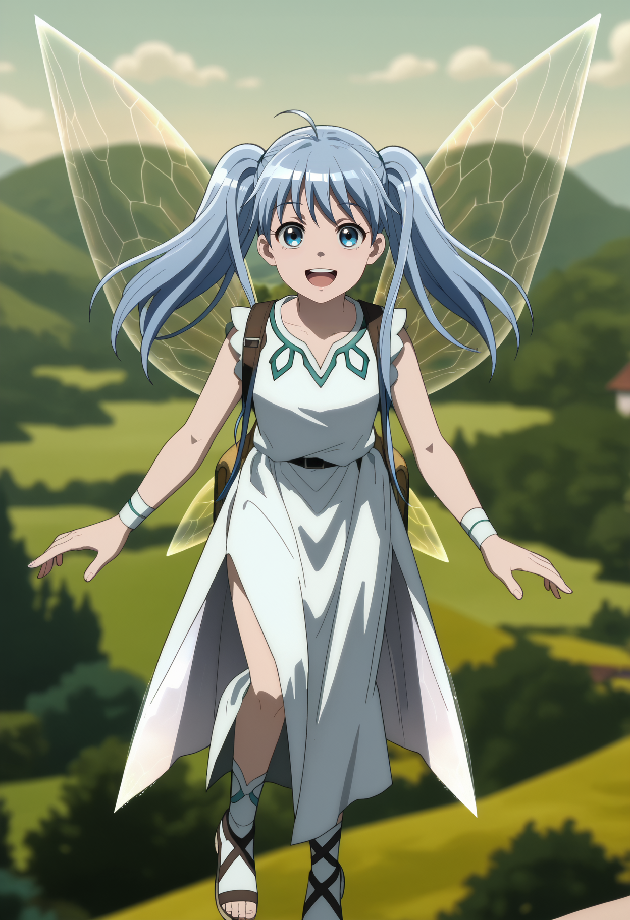 score_7_up, anime screencap,
<lora:BenriyaSaitou-San_LafanpanXL:0.9>,
1girl, solo, open mouth, smile,
blue hair, blue eyes, twintails, ahoge,
LafanpanFairy, fairy wings, sleeveless dress, white dress, backpack,
flying, looking at viewer,
blurry background, sky