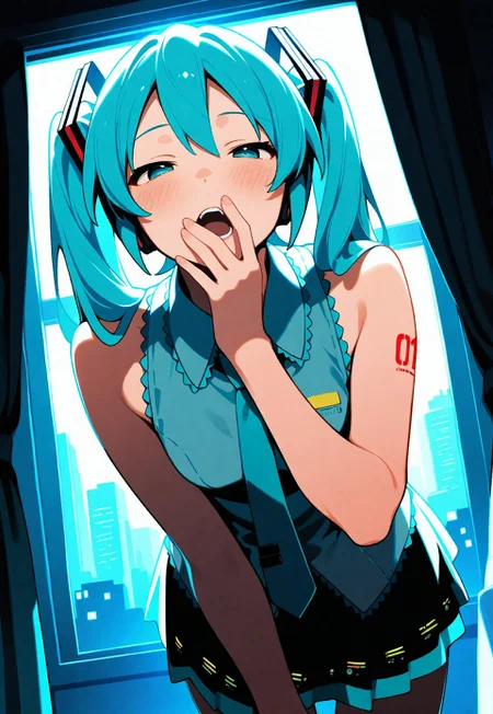 masterpiece, best quality, very aesthetic, 1girl, solo, hatsune miku, skirt, bare shoulders, number tattoo, teeth, lips, looking at viewer, half-closed eyes, (blush), open mouth, (covering own mouth), hand over own mouth, leaning forward, cowboy shot, from below, three quarter view, dutch angle, backlighting, (dark, night), indoors, curtains, window, city,