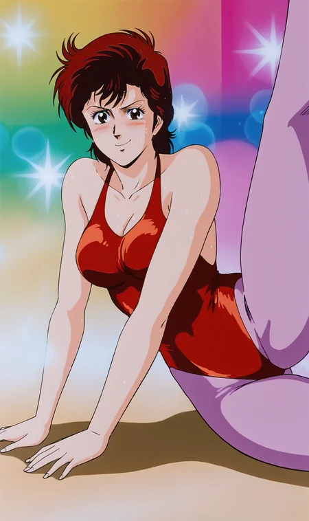 KM, 1girl, solo, retro artstyle, red hair, brown eyes, red leotard, purple tights, lying on ground, exercising, stretching, sweating, sweat drops, colorful background, bokeh, sparkle, smirk, blush, looking at viewer, <lora:Kaori Makimura Pony XL:0.8>