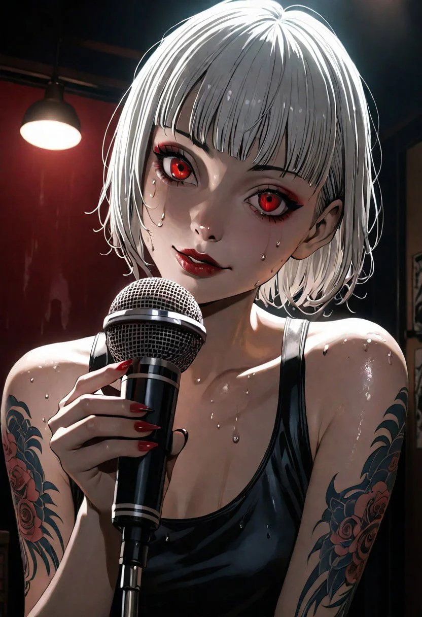 1girl, a photorealistic microphone in front of the subject, in the art style of Junji Ito, short messy white hair, seductive red eyes, smirking, indoors, lips, makeup, solo, tattoo, hand in hair, sweating, sweaty, cinematic angle, foreshortening, dark background, cinematic lighting, masterpiece, best quality