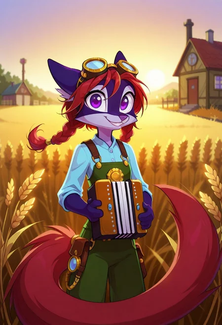 Dreamkeepers,Indi_and_Digo,1girl,solo,furry,tail,source_furry,,red hair,purple fur, purple eyes,
child, kid,
masterpiece, best quality, long hair, twin braids, farmer outfit,(steampunk), goggles, googles on head, bag, wheat field, outdoors, wind, accordion, holding instrument, playing instrument, gloves, wheat, sunset, farm, house, scenery, landscape, blurry, blurry background, looking at viewer, smile