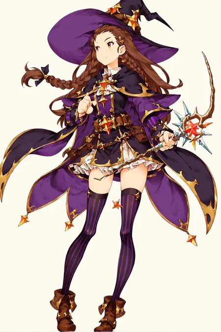<lora:akihiro_yoshida_style_pony:1> score_9, score_8_up, score_7_up, score_6_up, source anime,
 knights of glory, wizard, 1girl, solo, thighhighs, hat, long hair, brown hair, witch hat, striped, braid