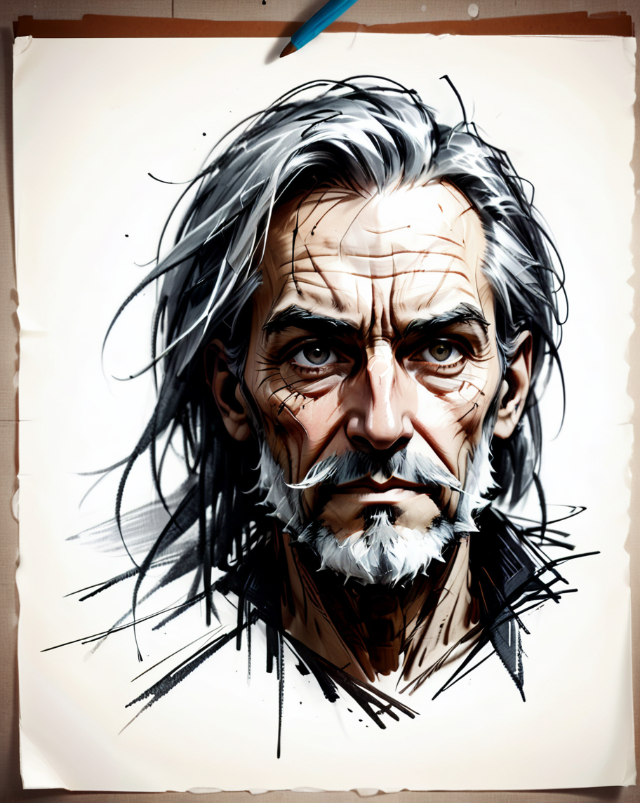 concept art, black ink and brush style, the face of a 85 year man who has been struggling through the bleak dreary drudgery of life, square shaped face, detailed skin, detailed skin texture, skin pores, vellus hair, crystal clear light grey eyes, (leathery skin, worn damaged skin, thin paper like skin , wrinkled skin, loose skin:1.3) sunken eyes, flat bulbous nose, crooked nose, high cheekbones, (sunken cheeks:1.3), prominent chin, deep worry lines, gaunt, broken, (long hair, full head of hair, thick hair, white hair, wild wiry hair, hair sticks straight up like a mad scientist, unkempt hair:1.3),  (long wiry white beard, messy wild beard, big thick wildly bushy eyebrows, grey eyebrows, thick visible ear hair, long visible nose hair:1.3), thin sunken lips like, has no teeth, (prominent underbite:1.3), it feels like everything and everyone has been trying to drag him down as he just tried his best to get through every damn day, dark, ominous, wrinkled denim jean shirt,