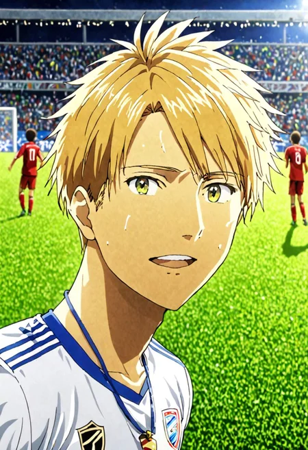 high resolution, solo, best quality, 1Boy, Yamato Ishida, Blond Hair, Necklace, Soccer , soccer player, field, potrait, sport photography celebration, OverallDetail