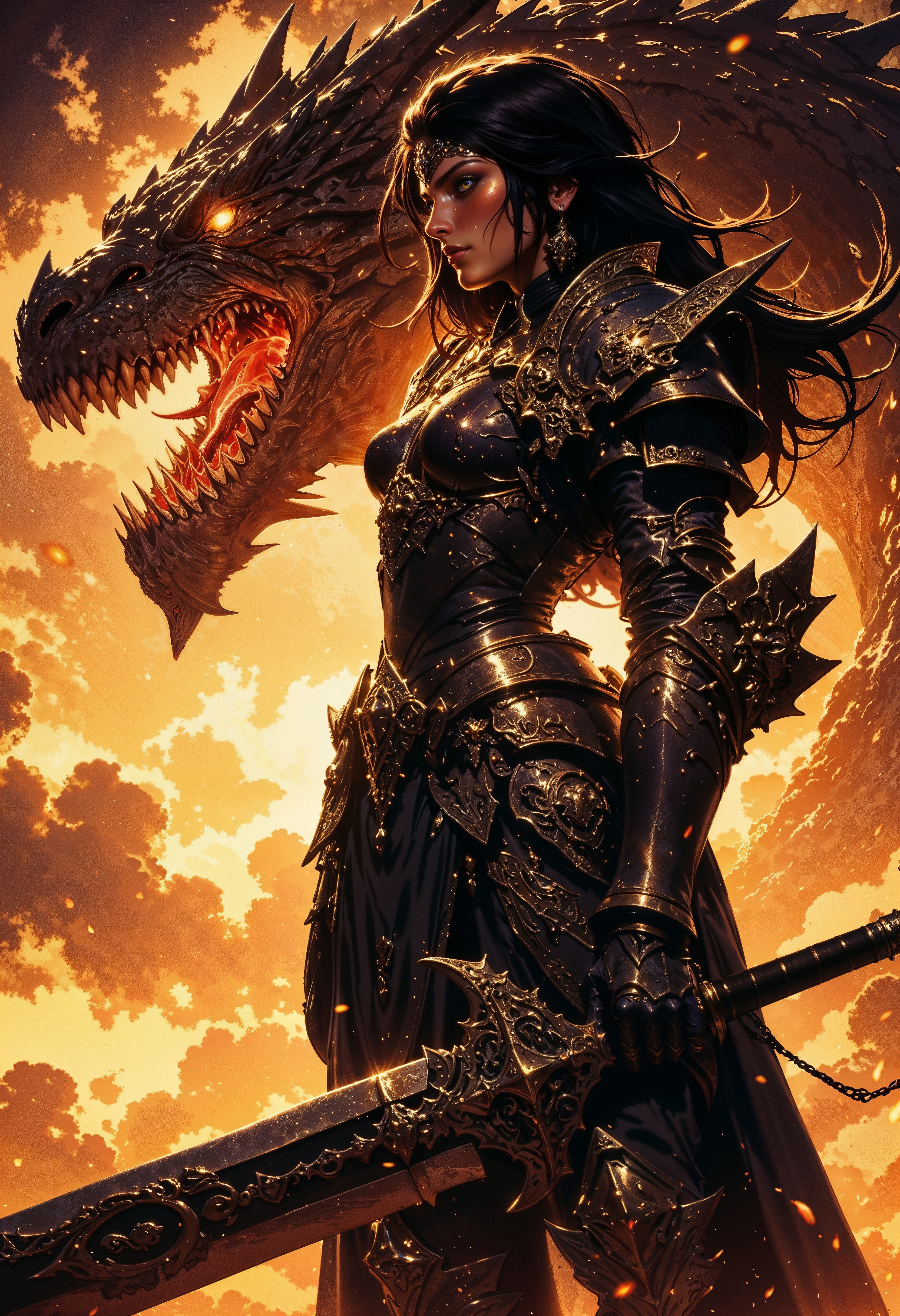side view, a fierce female warrior with long black hair and glowing amber eyes, standing against a fiery, stormy sky. She wears ornate, dark armor adorned with gold accents and wields a massive, intricate sword. Behind her looms a colossal, menacing dragon with glowing eyes and sharp teeth, its mouth open in a roar. The lighting is dramatic, with golden highlights and shadows emphasizing the intense atmosphere.  <lora:FluxMythG0thicL1nes:0.6> <lora:RetroAnimeFluxV1:0.6> <lora:FredFraiStyle-FLUX-Share:0.6>  <lora:dark_fantasy_flux:0.6>