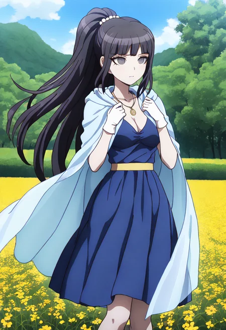 (((solo))),masterpiece, best quality, very aesthetic,  modern, modern anime, latest, best_quality, extreme long shot , expression of grief , <lora:Mikako_Kurokawa_Illustrious:1>, This anime screencap is from Danganronpa the Animation.  Mikako Kurokawa wearing her dress from Danganronpa Another. She's wearing a dark blue dress with a plunging V-neckline. She's wearing a translucent shawl over her shoulders. She has long white gloves on. The dress is accessorized with a yellow belt at the waist. She has her long black hair pulled back into a ponytail. She is also wearing a gold cross necklace. She has a pale face and sharp, black eyes. Bangs frame her face. Mikako Kurokawa is standing in a field of wildflowers, her cloak billowing in the wind. She has just finished an exorcism and is now sensing the auras of the flowers, her eyes filled with wonder and curiosity.