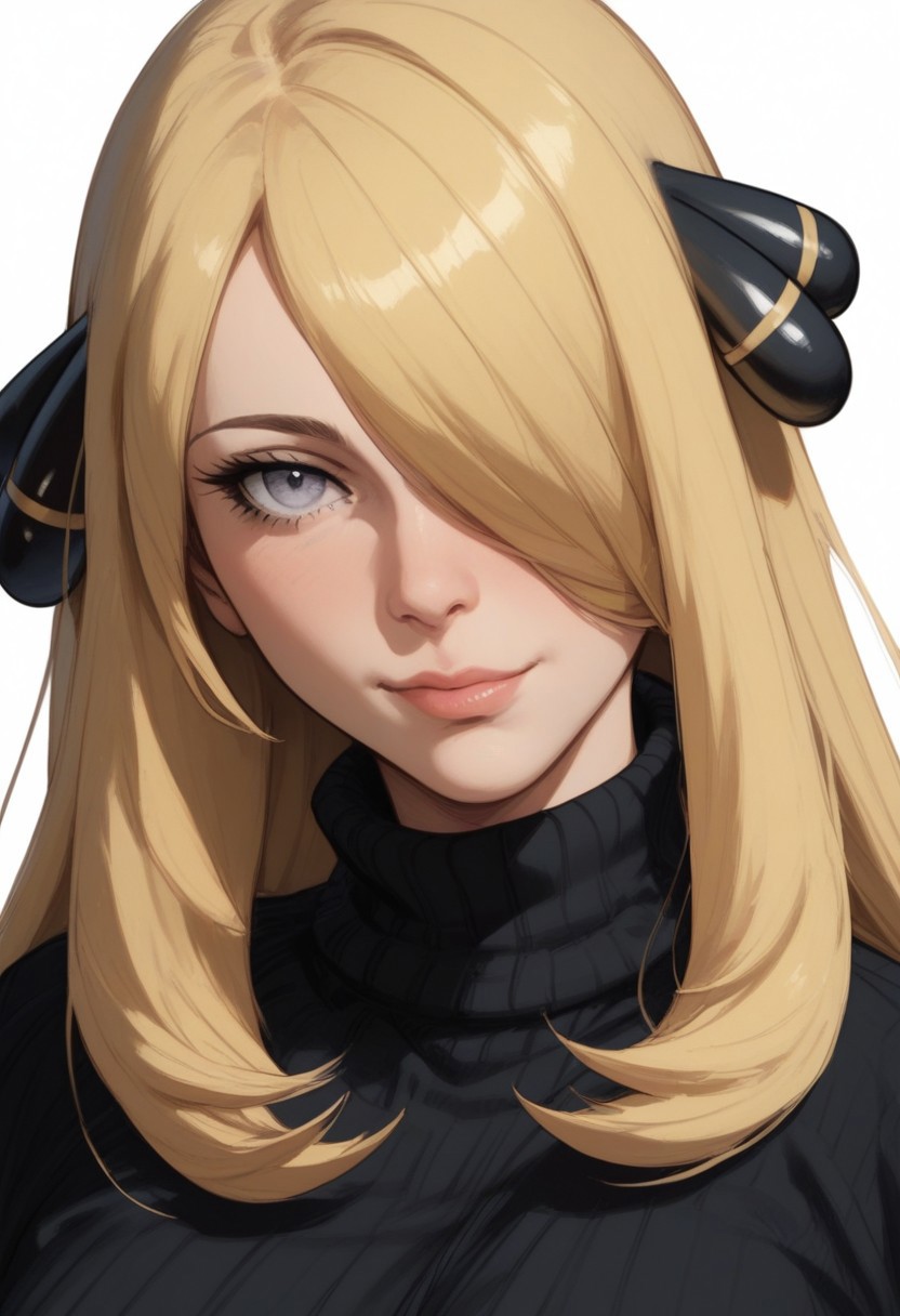 score_9, score_8_up, score_8, score_7_up, score_7, ((close up)), face focus, Expressiveh
BREAK
1girl, solo, Cynthia (pokemon), very long hair, hair over one eye, hair ornament, , large breasts looking at viewer, head tilt, seductive look, aroused, horny, standing, black  turtleneck sweater, light smile
BREAK
white background