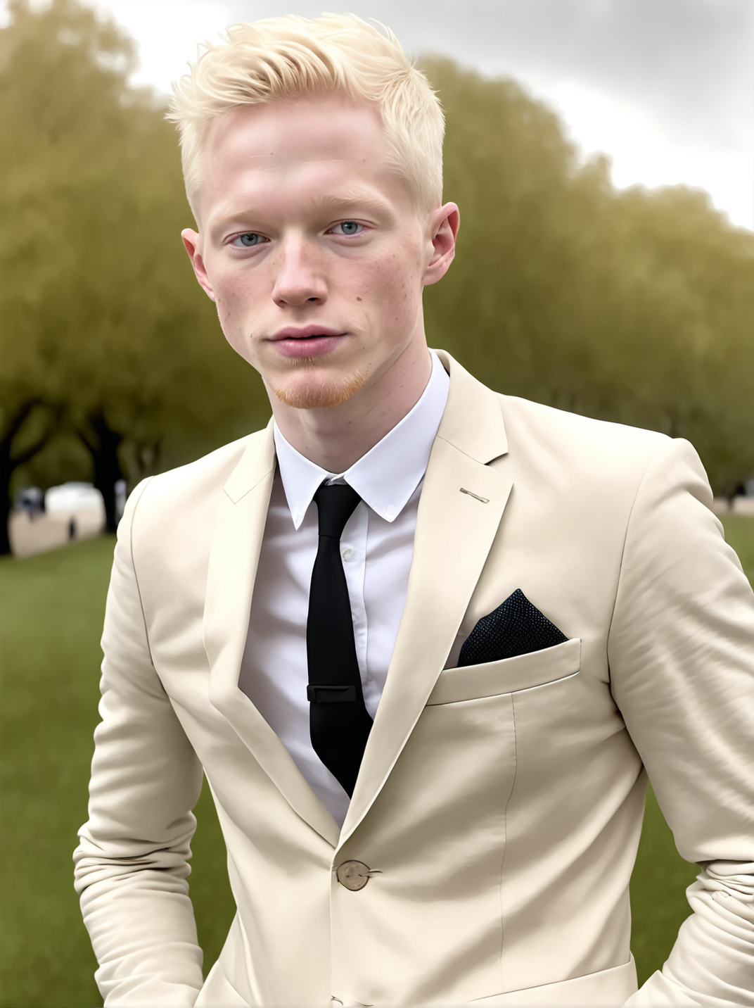 professional photograph, high resolution, 30yo drewsynthxl, portrait, solo, realistic, expressionless, albino,
face focus, profile,
in the park, overcast