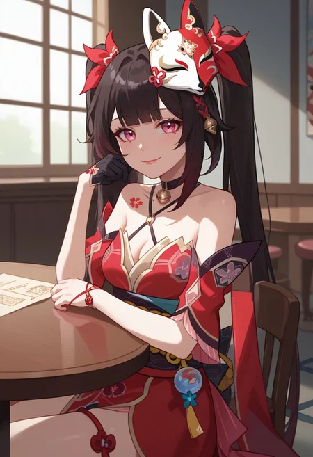 score_9, score_8_up, score_7_up, source_anime, 1girl, sparkledef, pink eyes, long hair, twintails, fox mask, mask on head, bell, black choker, bare shoulders, flower tattoo, criss-cross halter, detached sleeves, red dress, japanese clothes, obi, black sash, black gloves, single glove, thigh strap, sitting, on chair, table, (head rest), smile, closed mouth, looking at viewer, indoors, portrait, close-up, upper body, facing viewer, <lora:Sparkle_v1-000010:1>