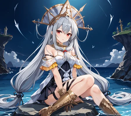 (masterpiece), (best quality), (ultra-detailed), Skalter, low twintails, very long hair, low-tied long hair, grey hair, red eyes BREAK, illustration, disheveled hair, detailed eyes, perfect composition, moist skin, intricate details, earrings, Volumetric Lighting, Skalter, low twintails, very long hair, low-tied long hair, grey hair, red eyes BREAK, light depth, dramatic atmospheric lighting, Volumetric Lighting, SBM,off-shoulder dress, two-tone dress, front ponytail, SBM phoenix crown, SBM gloves, SBM leg ribbon, leg ribbons, SBM boots, SBM dress BREAK, looking at viewer, sitting, from side, coastal, sitting on rock, foot on water, sea