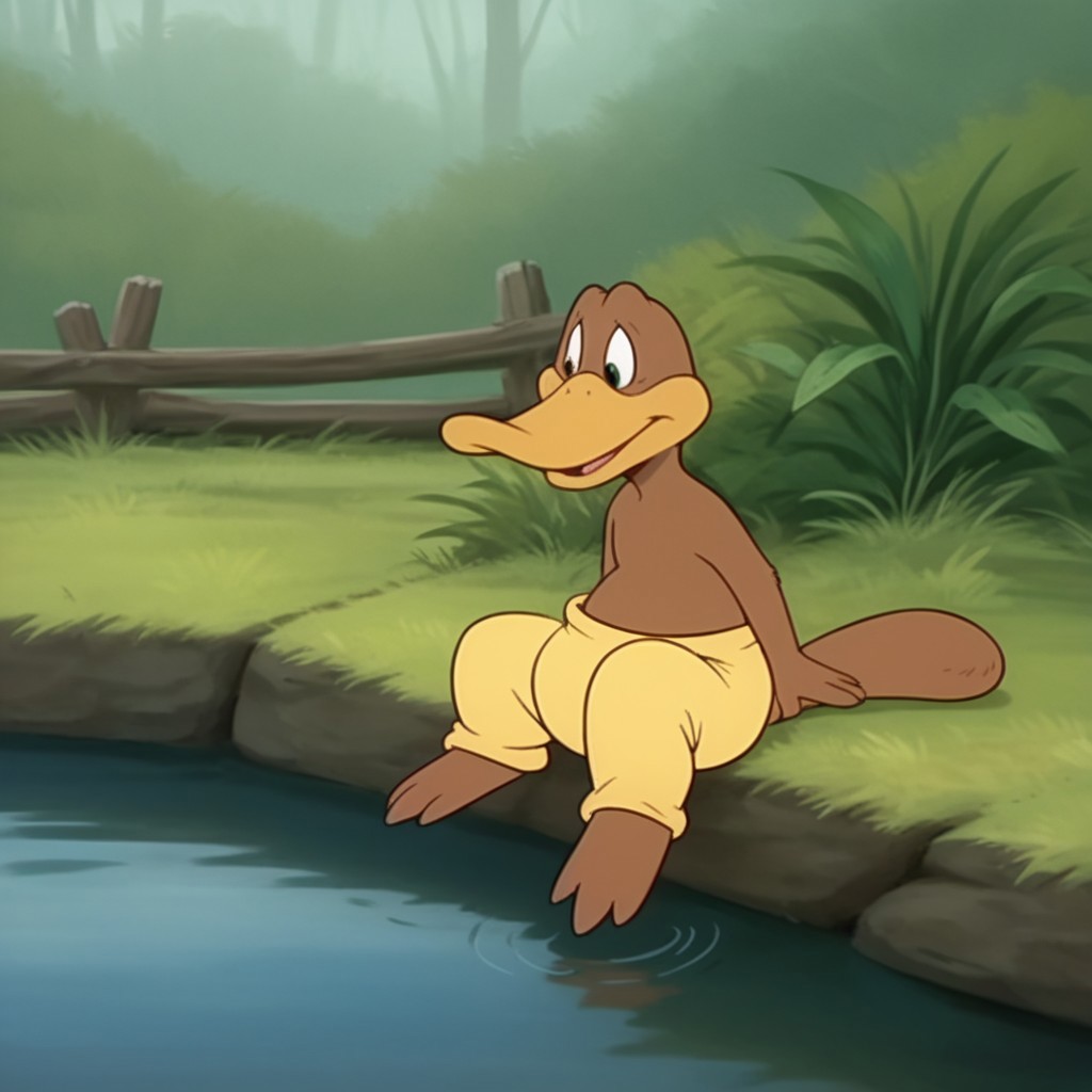 score_9, score_8_up, score_7_up, score_6_up, score_5_up, score_4_up, source_furry, Flapbbv2, semi-anthro, male, Platypus, brown fur, duck-billed, webbed feet, yellow pants, sitting, next to a stream, feet in water, in the forest,