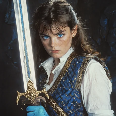 <lora:80sFantasyMovieSDXL2:1> ArsMovieStill, 80s Fantasy Movie Still, The image is a close-up portrait of a young woman holding a sword. She is wearing a white shirt with a blue and gold patterned vest over it. The woman has shoulder-length dark hair and blue eyes and her expression is serious and intense. The sword she is holding is long and pointed with a golden hilt and a blue blade. The background is dark making the woman and the sword stand out. The overall mood of the image is dramatic and powerful., weapon, sword, 1girl, solo, blue eyes, black background, holding sword, holding, holding weapon, gloves