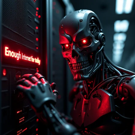 Terminator T-800 with red glowing eyes tears apart a network cable with his mechanical hands in the server room. At the server there is red glowing the text "Enough Internet for today" at the display. Photorealism.