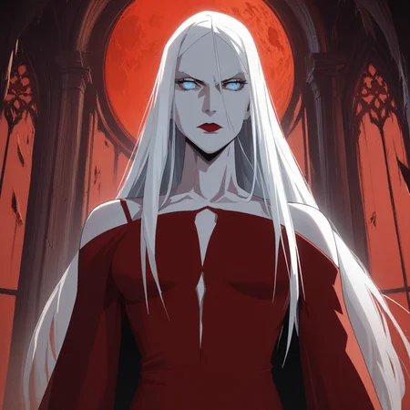 source_anime, ((score_9)),score_8_up,score_7_up,score_6_up,score_5_up,score_4_up, 1woman, carmilla_(castlevania), castlevania_(netflix), castlevania style, castl3van1a5tyl3, (Masterpiece), (anime, illustration), 4k, high res, highest quality, ray tracing, perfect eyes, BREAK, A beautiful woman stands in a tight-fitting, red dress, Carmilla, carmilla_(castlevania), 1woman, vampire, pale skin, albino, red dress, long dress, pauldrons, long hair, white hair, long hair, (blue eyes:1.2), by a window, Red sky, full moon, castle,