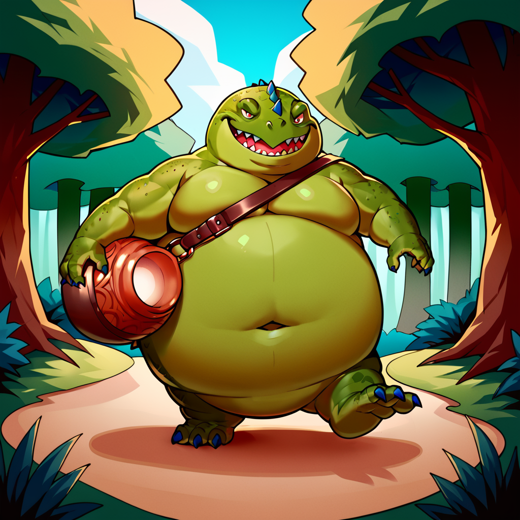 score_9, score_8_up, score_7_up, score_6_up, score_5_up, score_4_up, dragurn, green skin, dragon, fat, obese, carrying jar, spikes, stubby, pudgy, three toes, outside, forest background, forest scenery, wandering in the forest, walking, looking at viewer, smiling <lora:Fat_Dragons_Dragon_Quest_PonyXL:1>