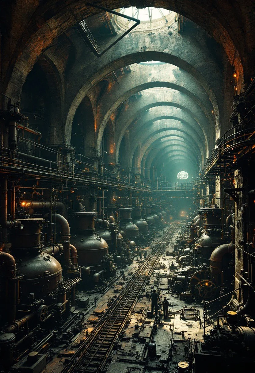 A vast industrial room beneath a city, the cavernous expanse supported by arches meeting at columns. A mass of pipes, gauges, boilers, valves, gears and wheels fill the room with a sense of industry and motion