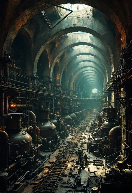 A vast industrial room beneath a city, the cavernous expanse supported by arches meeting at columns. A mass of pipes, gauges, boilers, valves, gears and wheels fill the room with a sense of industry and motion