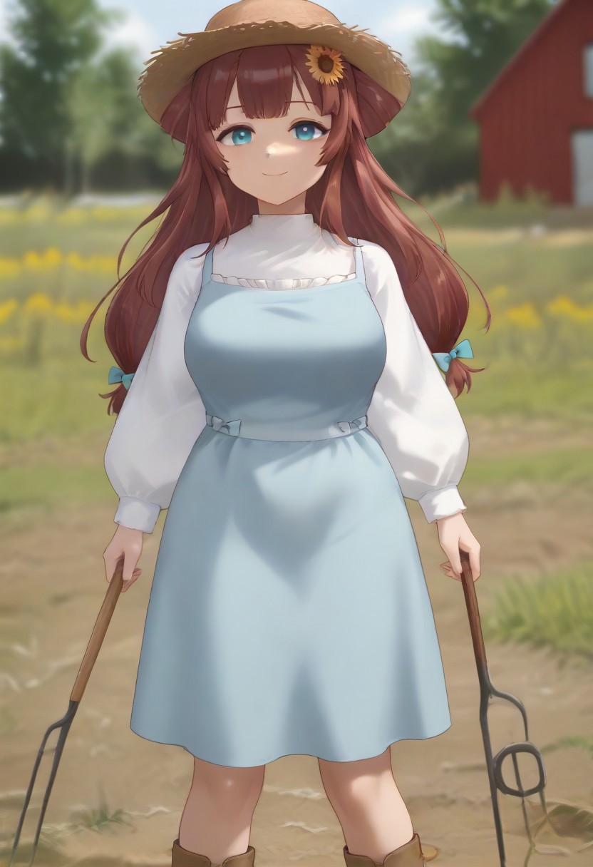 1girl, solo, solo focus, highres, absurdres, RemiSprings, hair flower, sunflower hair ornament, brown hair, long hair, bangs, blue eyes, straw hat, 
blue dress, white shirt, hair bow, blue bow, bangs, long sleeves, mature female, large breasts, 
looking at viewer, smile, closed mouth, holding pitchfork, pitchfork,
brown boots, light particles, full body, 
day, sunlight, rural, barn,