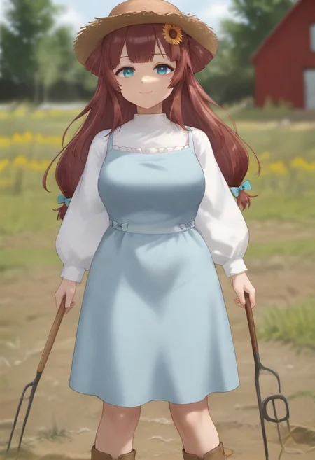 1girl, solo, solo focus, highres, absurdres, RemiSprings, hair flower, sunflower hair ornament, brown hair, long hair, bangs, blue eyes, straw hat,
blue dress, white shirt, hair bow, blue bow, bangs, long sleeves, mature female, large breasts,
looking at viewer, smile, closed mouth, holding pitchfork, pitchfork,
brown boots, light particles, full body,
day, sunlight, rural, barn,